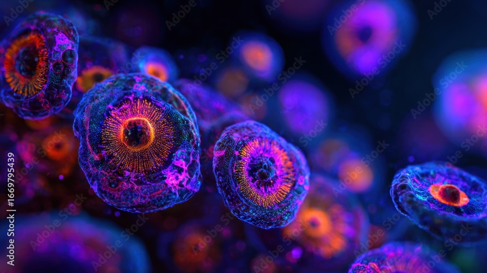 Poster vibrant microscopic view of cells, showcasing intricate details and colorful patterns resembling a s