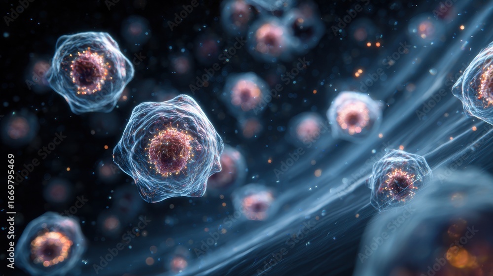 Poster a close-up view of glowing cells in a dark environment, showcasing intricate structures and vibrant 