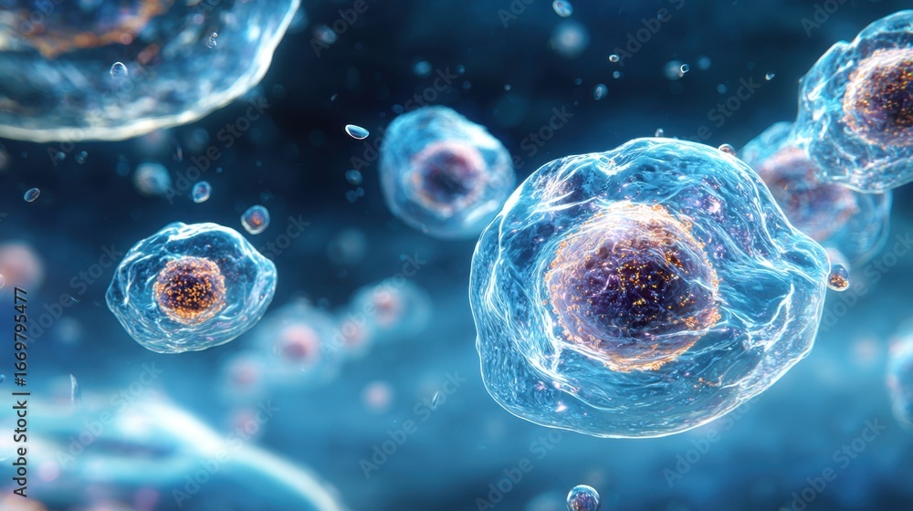 Poster a close-up view of microscopic cells showcasing their intricate structures and details in a vibrant 