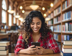 Young Woman Smiling While Using Smartphone in Library