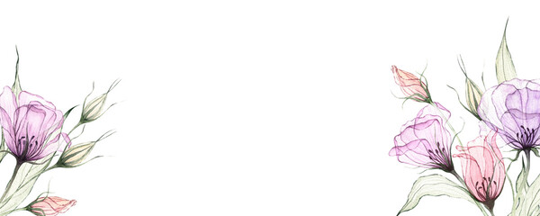 Watercolor translucent flowers banner isolated on white. Violet, pink, lilac airy eustomas, airy greenery. Hand drawn botanical illustration in pastel colors. Floral frame