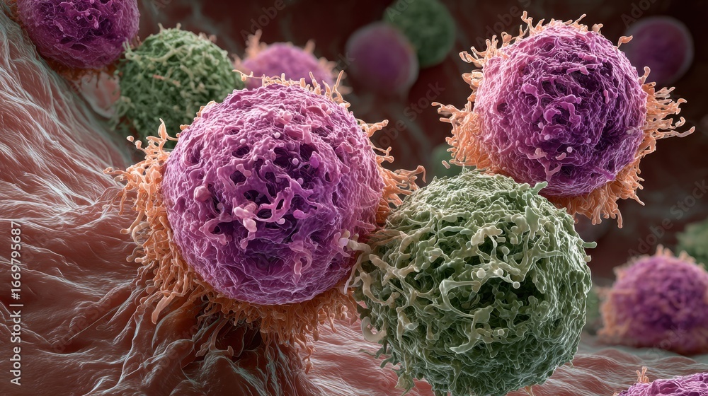 Poster this image depicts colorful, microscopic views of cells, showcasing their intricate structures and d