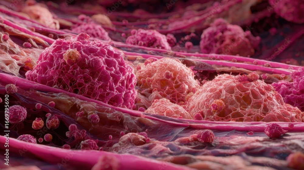 Poster a close-up view of intricate cellular structures, showcasing vibrant pink cells and organic lines, i