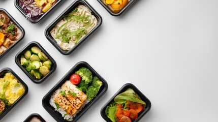 A variety of colorful meal prep containers filled with different dishes, showcasing healthy and appealing food options arranged on a light background.
