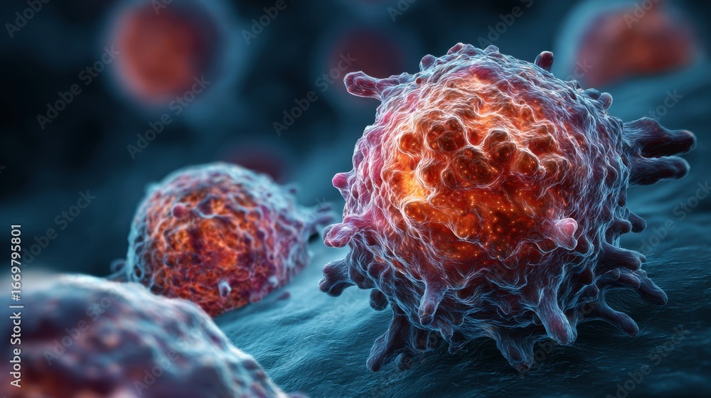 Poster close-up view of cellular structures, highlighting vibrant colors and intricate details of microorga