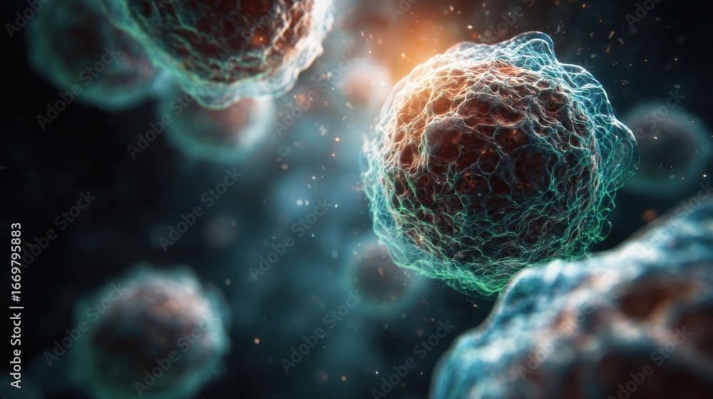 Poster a close-up view of cells, showcasing their intricate structures and vibrant colors, highlighting the
