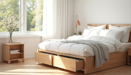 Bright sunny bedroom featuring comfortable bed with clean white bedding, storage drawers. Spring flowers on nightstand add touch of nature. Sunlight streams through window, creating calm, inviting