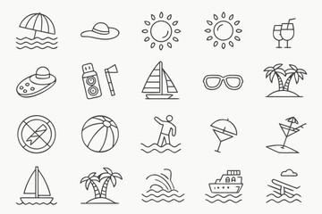 Summer Vacation Icons Beach, Sun, and Travel Line Art EPS Bundle 