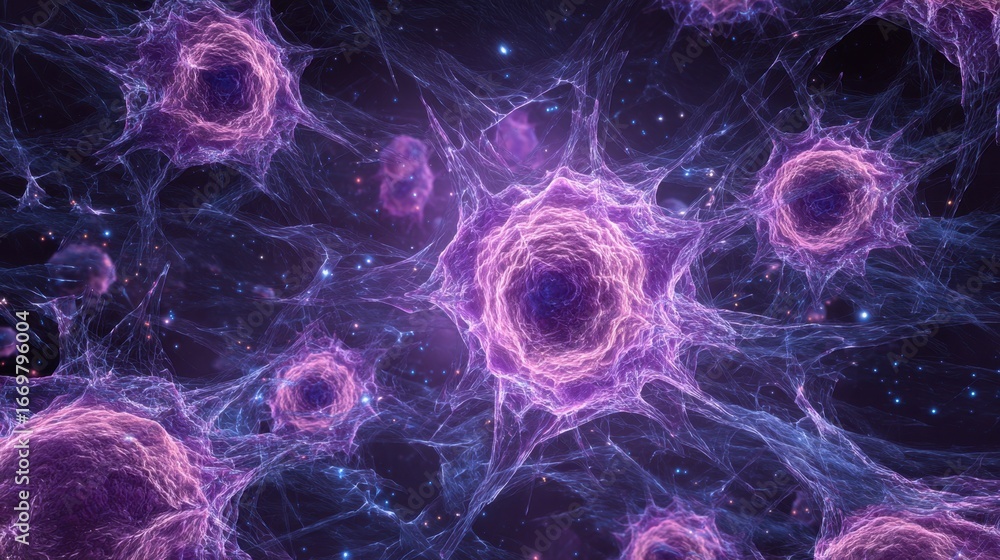 Poster a vibrant depiction of microscopic cells interconnected by intricate fibers, showcasing a dynamic an