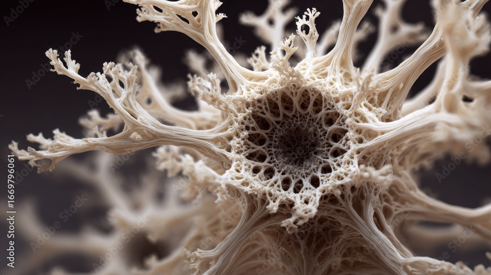 Poster a detailed close-up of a delicate, intricate structure resembling a neuron, showcasing its branching