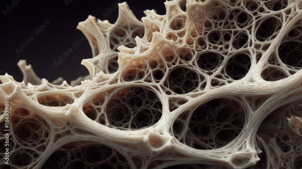 Poster an intricate, close-up view of a porous structure, showcasing organic patterns and textures reminisc