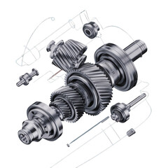 Detailed exploded view of mechanical gear assembly technical drawing and components transparent background