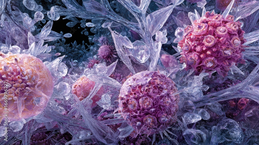Poster a vivid microscopic view of colorful cells and structures, showcasing intricate details and textures