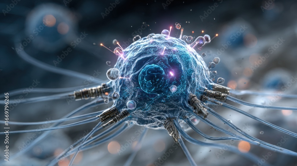 Poster a close-up view of a blue, glowing cell with intricate structures and connections, conveying a scien