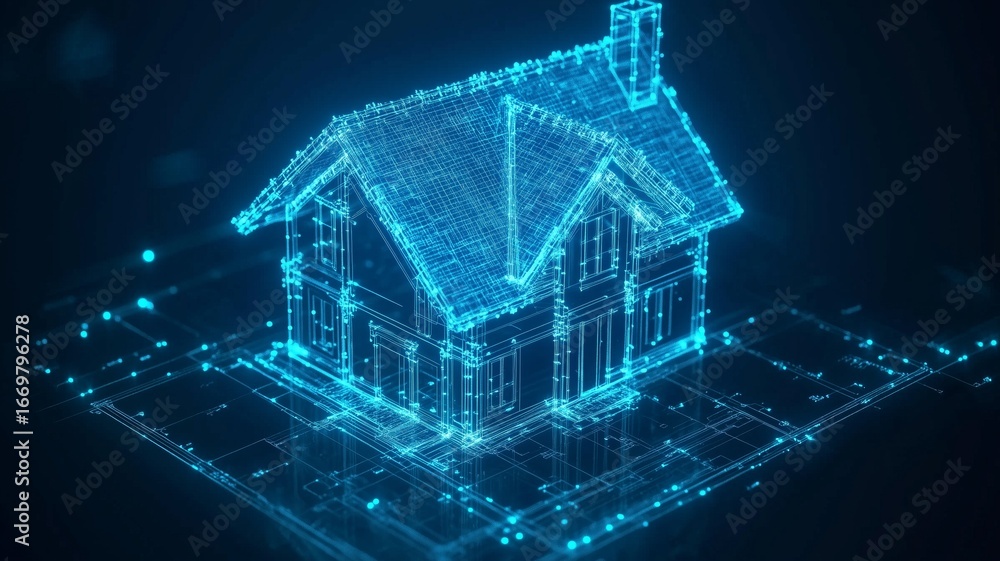 Poster digital model of a house showcasing futuristic design and 3d visualization techniques in vibrant blu