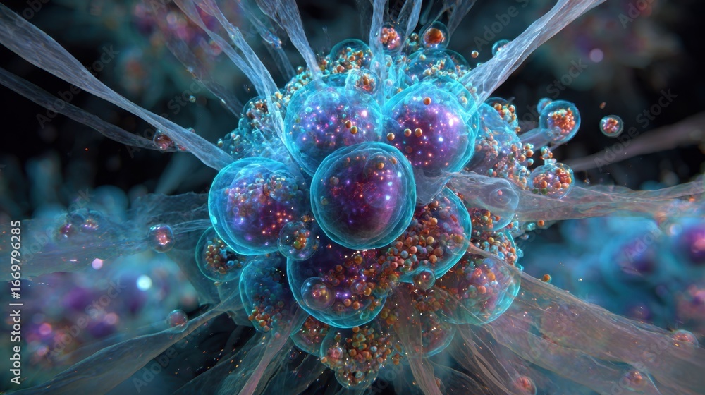 Poster a vibrant, abstract representation of a cell, showcasing its structure with colorful bubbles and thr