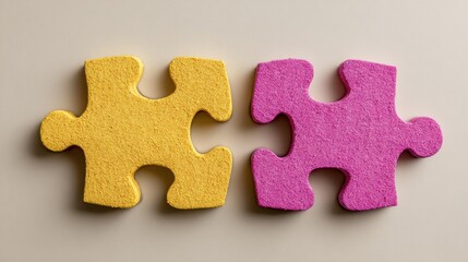 Fototapeta premium Two colorful foam puzzle pieces, one yellow and one pink, are displayed on a neutral background, highlighting their interlocking shapes.