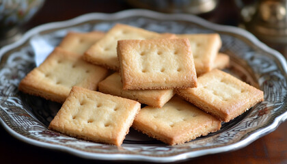 Square cookies are neatly arranged on a decorate