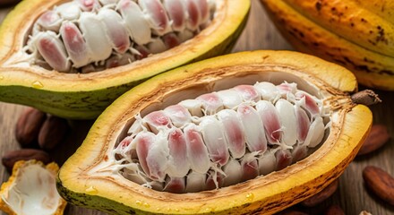 Fototapeta premium Close Up of Freshly Harvested Cocoa Bean Pods Opened to Reveal White Pulp Covered Seeds