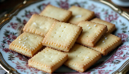 Square cookies are neatly arranged on a decorate