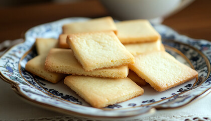 Square cookies are neatly arranged on a decorate