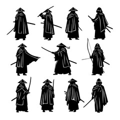 Set Ninja Silhouettes With Swords In Varied Stances For Martial Arts And Action Themes