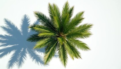 Obraz premium Aerial top-down view of rich green coconut palm tree leaves and its shadow on a clean white background. This isolated tropical plant represents summer vacation, growth, and exotic botanical scenery.