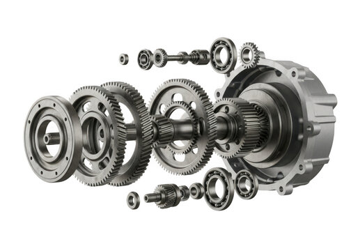 Detailed exploded view of automotive transmission gearbox components for mechanical engineering transparent background
