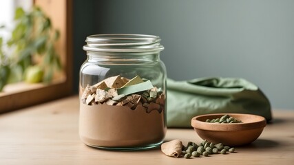 Eco friendly glass jars with herbs and grains in sustainable zero waste kitchen concept

