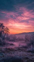 Winter sunrise over frosted landscape