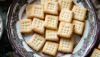 Square cookies are neatly arranged on a decorate