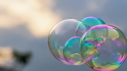 A close-up slow-motion shot of beautiful iridescent soap bubbles floating together against a cloudy sky - Powered by Adobe