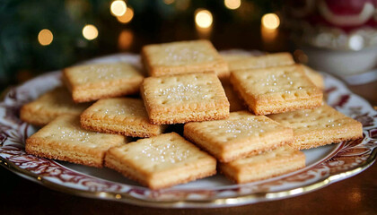 Square cookies are neatly arranged on a decorate