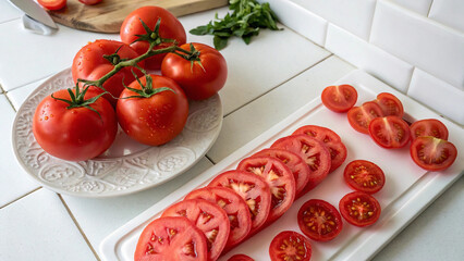 Red Tomato and tomato slice on white cutting board on table in white kitchen