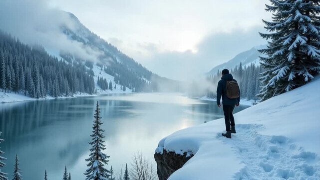 AI generative Lone hiker enjoying serene snowscape with dramatic mountain lake views and fresh powder
