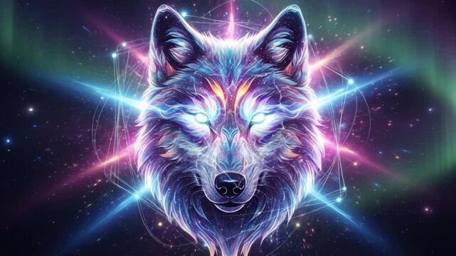 Cosmic Wolf: A mesmerizing animation featuring a glowing wolf against a galaxy and aurora background