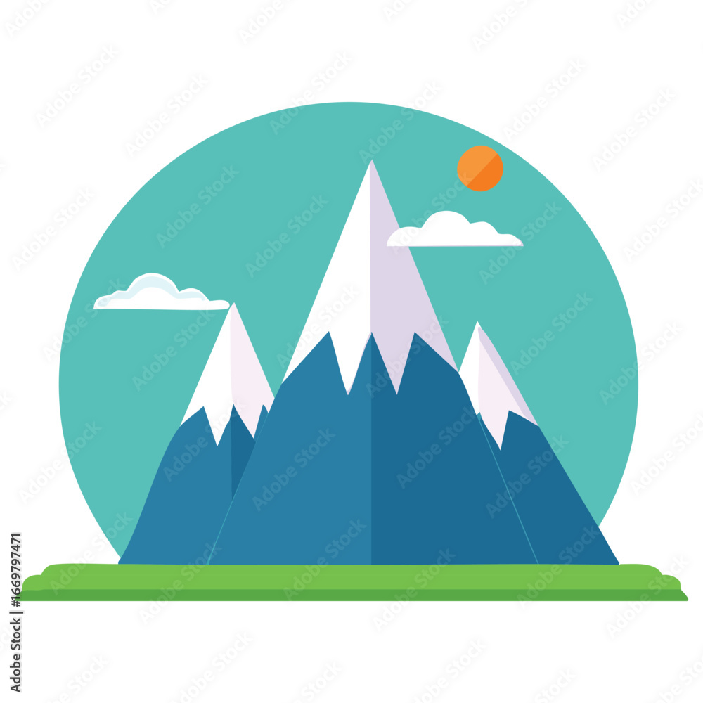 Poster a sleek and professional vector icon of a mountain range, designed for a variety of digital and prin