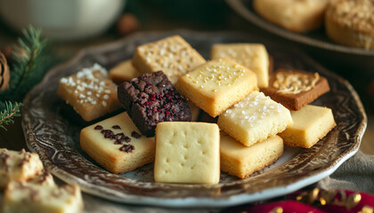 Square cookies are neatly arranged on a decorate
