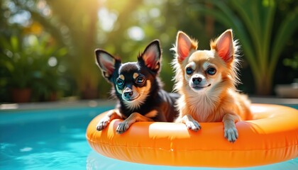 Two Chihuahuas relax on orange float in bright sunny swimming pool. Rich green plants surrounds in summer backyard oasis. Adorable pets enjoy leisure time with bright sunlight creating happy vibrant