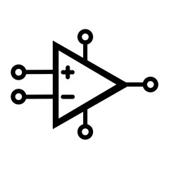This is a pixel design illustrating an operational amplifier icon, representing electronic circuits, analog signals, and electrical engineering in a clear, minimal vector style.