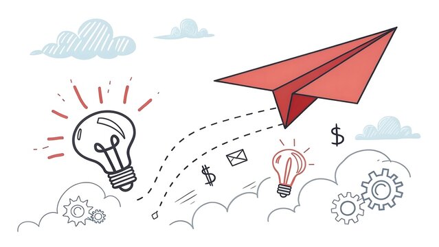 Minimal flat design with a red paper airplane rising above sketched doodles of creativity and financial success.