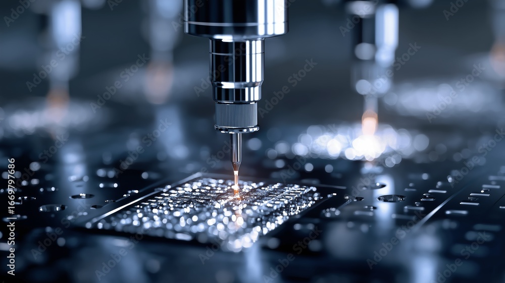 Poster automated tools are applying solder on a circuit board in a high-tech facility.