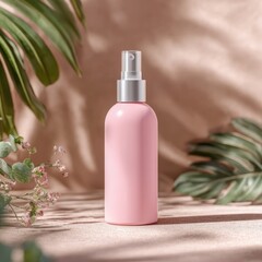 Pink spray bottle, tropical leaves, subtle sunlight