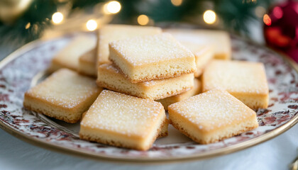 Square cookies are neatly arranged on a decorate