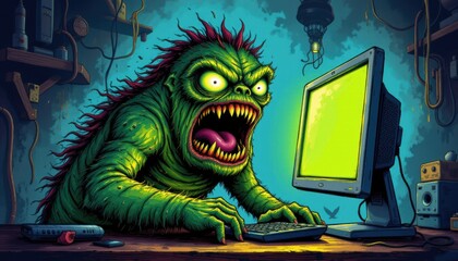 technophobic illustration create a striking image of a monster in shock, reacting to the content on a puter screen, the fear of technology is evident in its expression