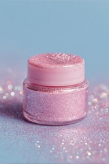 Pink glitter jar on pastel background