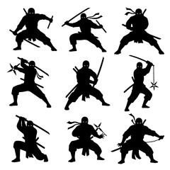 Dynamic Ninja Silhouette Collection With Swords, Stance, and Action Poses for Martial Arts Media