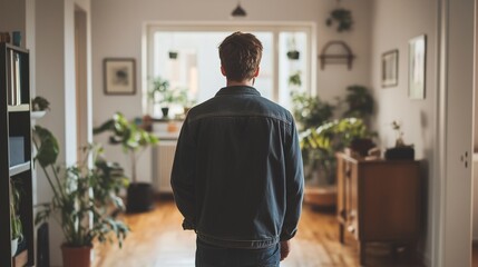 Man standing in room. Young man rearing a young woman. Apartment with a new home walking. A man is positioned in a lifestyle room.