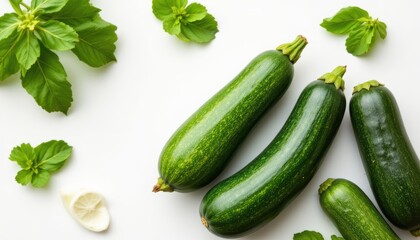 create a photo featuring zucchinis on a white background with the subject located on the left side of the image and ample copy space on the right side for text overlay