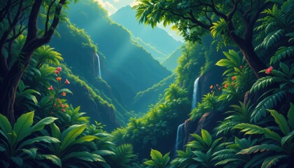 create a captivating illustration of a lush tropical rainforest in its deep jungle setting, the subject should be prominently positioned on the left side of the image